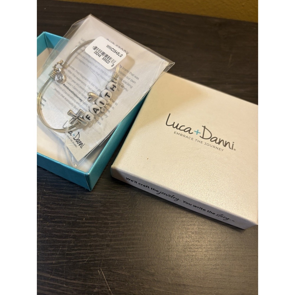 Luca + Danni Silver Tone Faith Beaded Cross Charm Bangle Bracelet Adjustable NEW